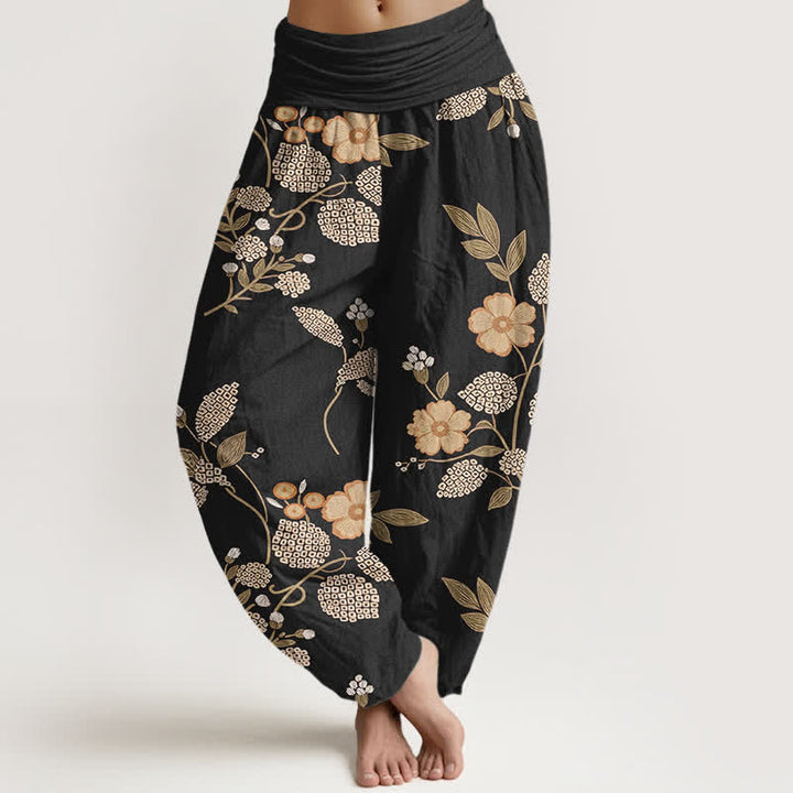 Buddha Stones Spodnie damskie haremki z elastycznej talii z czystej bawełny w kwiaty i liście - Czarny - US16, UK/AU20, EU48 (3XL) - image 8