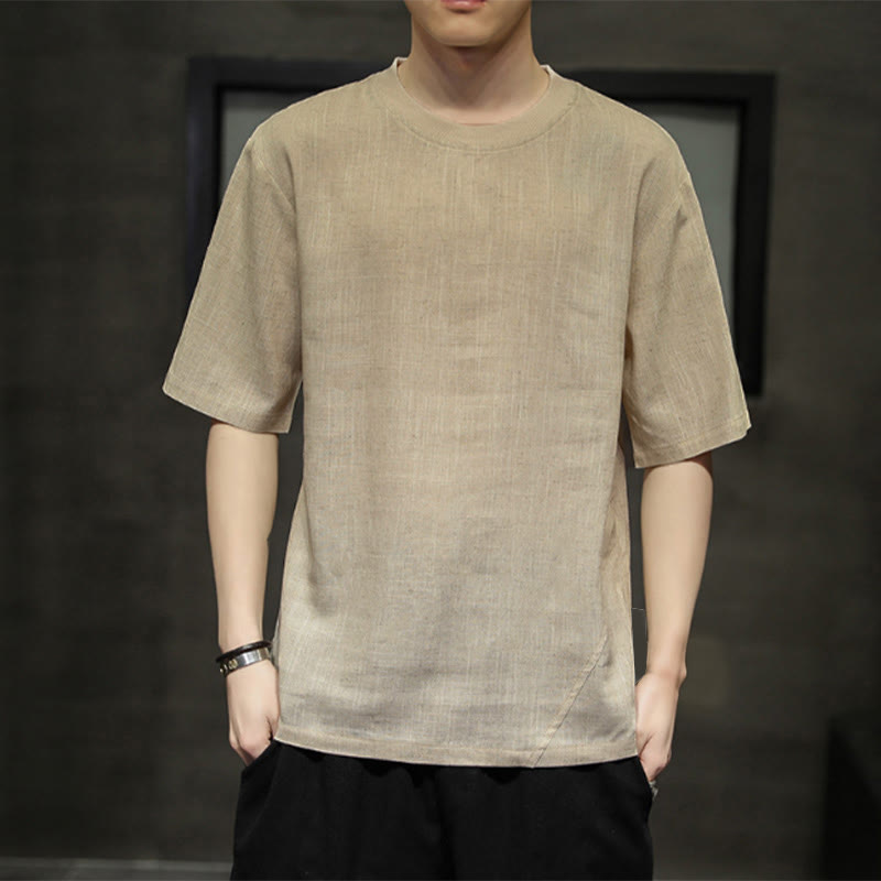 Buddha Stones Letnie, swobodne, minimalistyczne, lniane koszulki męskie z krótkim rękawem i okrągłym dekoltem - Dębnik - US/UK/AU46， EU56 (5XL) - image 0