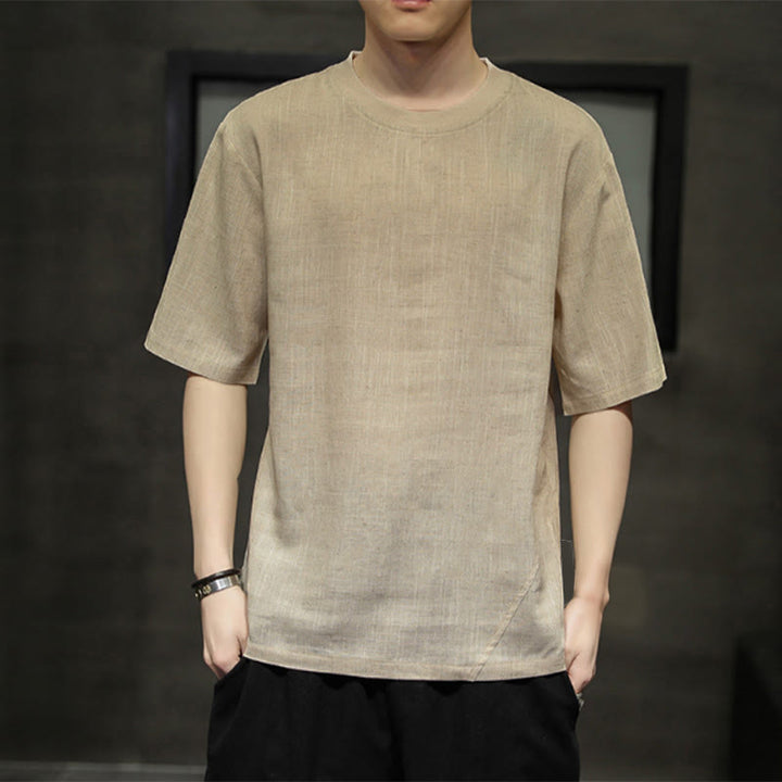 Buddha Stones Letnie, swobodne, minimalistyczne, lniane koszulki męskie z krótkim rękawem i okrągłym dekoltem - Dębnik - US/UK/AU46， EU56 (5XL) - image 0