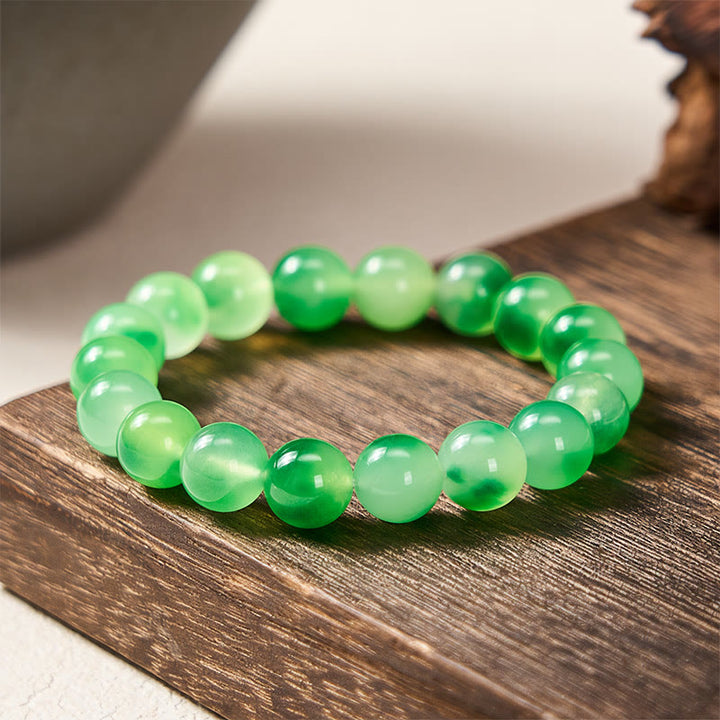 Buddha Stones Bransoletka z okrągłych koralików z białego chalcedonu, uzdrawiająca, zielona, ​​z pływającym kwiatem - 10 mm - Biały chalcedon (harmonia♥pozytywna) - image 6