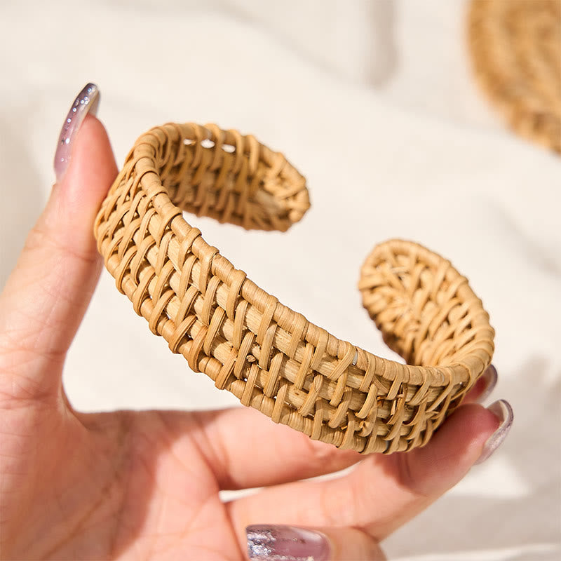 Buddha Stones Bransoletka mankietowa w stylu boho tkana ręcznie z naturalnego rattanu - image 2