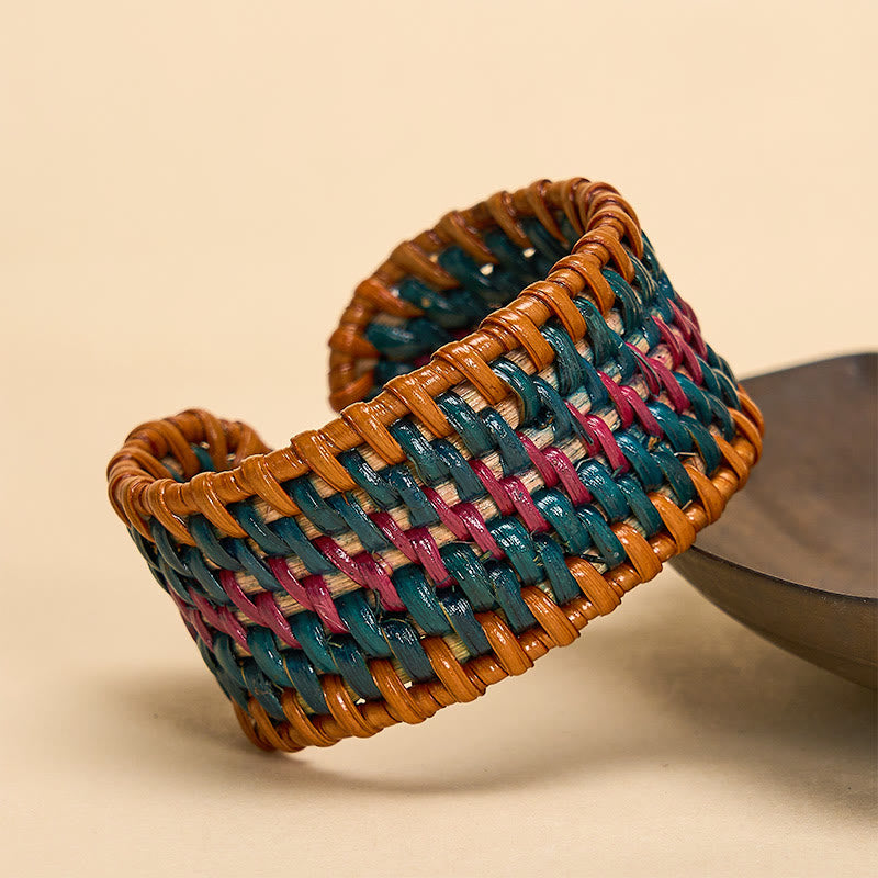 Buddha Stones Bransoletka mankietowa Boho z naturalnym rattanem, tkana ręcznie, szeroka - Styl 2 - Rattan (uziemienie♥zdrowie) - image 1