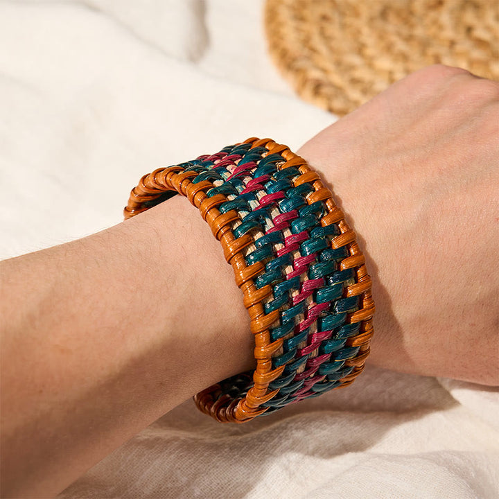 Buddha Stones Bransoletka mankietowa Boho z naturalnym rattanem, tkana ręcznie, szeroka - image 9