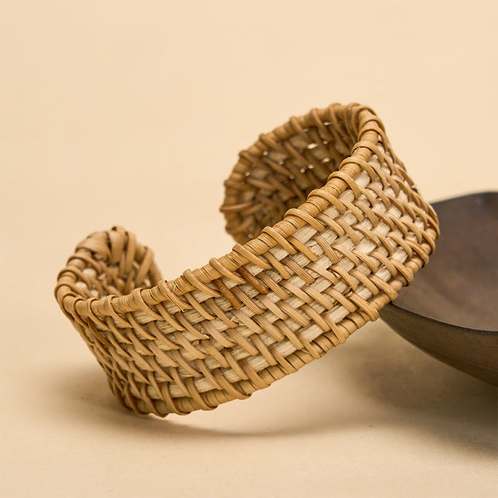 Buddha Stones Bransoletka mankietowa Boho z naturalnym rattanem, tkana ręcznie, szeroka - Styl 1 - Rattan (uziemienie♥zdrowie) - image 0