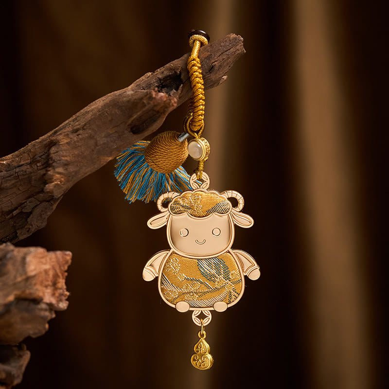 Buddha Stones Ręcznie robiony brelok z chińskim znakiem zodiaku Song Brocade na szczęście - Koza - Żółta - image 10
