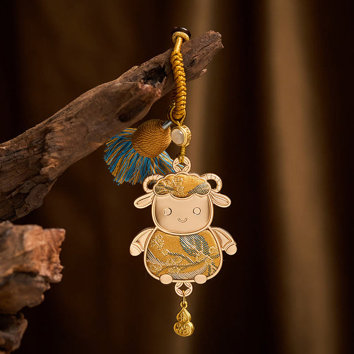 Buddha Stones Ręcznie robiony brelok z chińskim znakiem zodiaku Song Brocade na szczęście - Koza - Żółta - image 10
