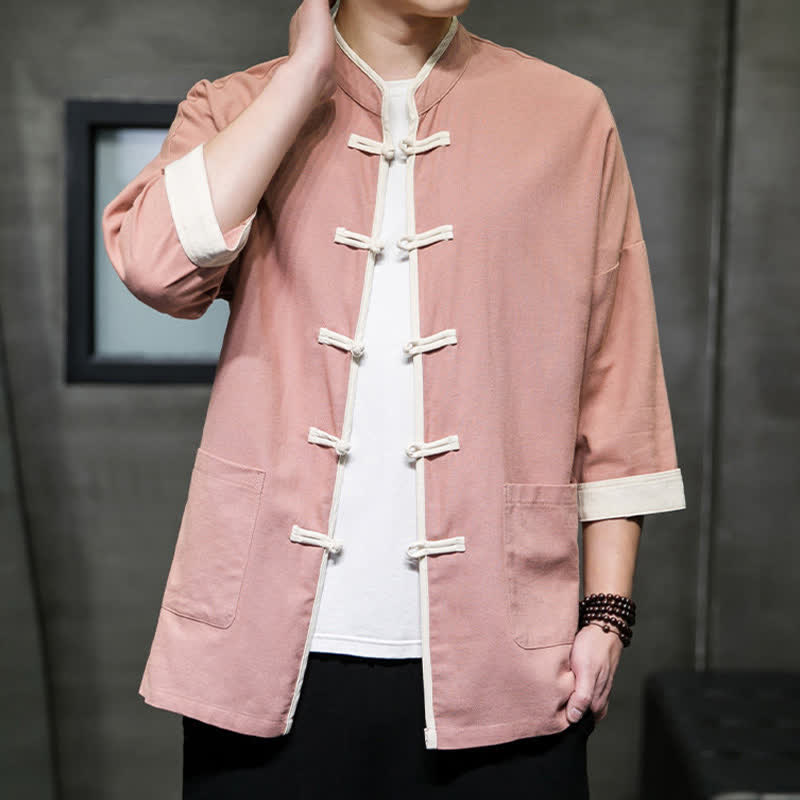 Buddha Stones Koszule męskie z krótkim rękawem i kieszeniami w stylu Summer Tang z kołnierzykiem mandaryńskim i blokami kolorów - image 30