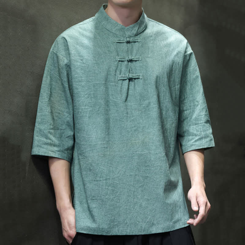 Buddha Stones Koszule męskie z krótkim rękawem w stylu Summer Tang z trzema guzikami typu żaba - CadetBlue - US/UK/AU46， EU56 (5XL) - image 0