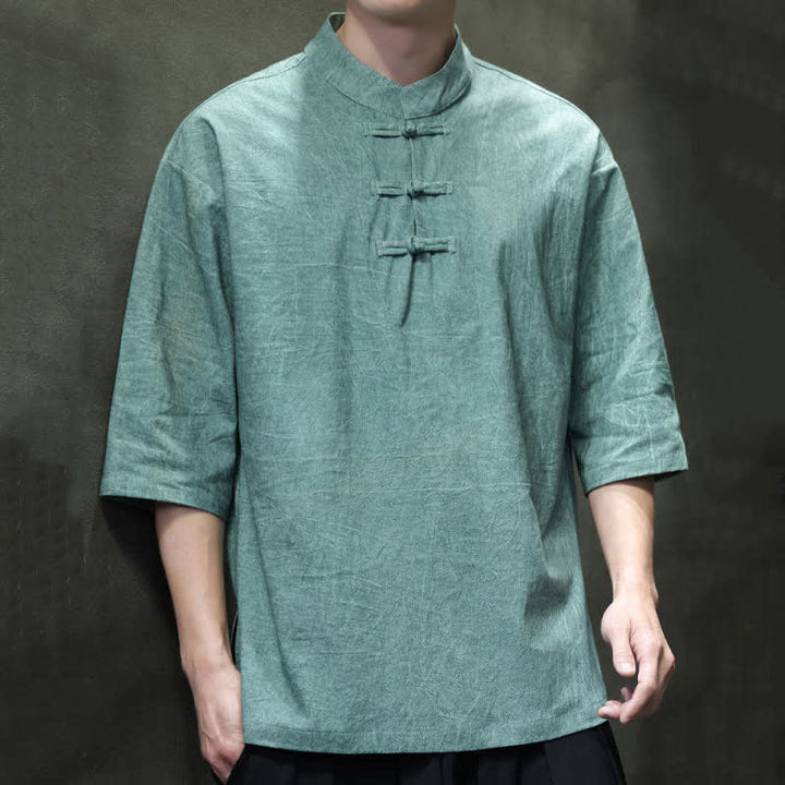 Buddha Stones Koszule męskie z krótkim rękawem w stylu Summer Tang z trzema guzikami typu żaba - CadetBlue - US/UK/AU46， EU56 (5XL) - image 0