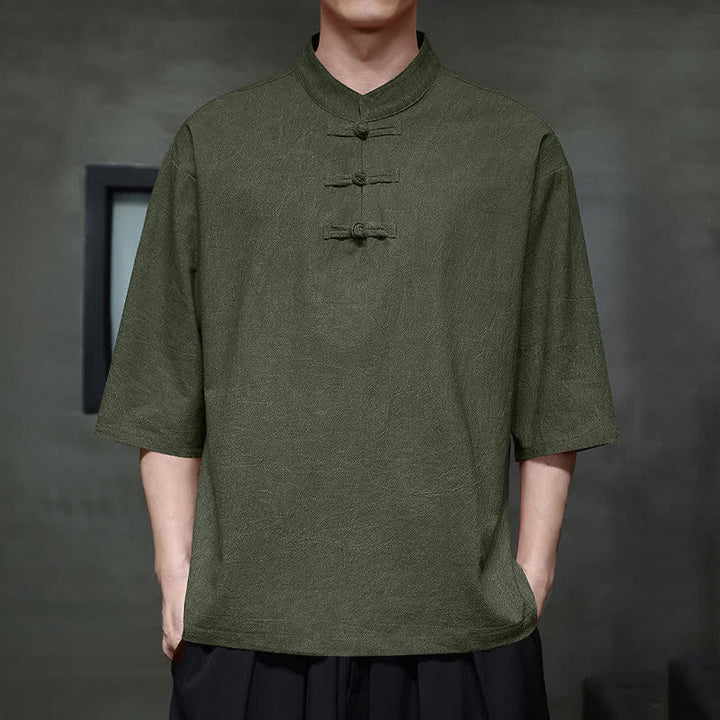 Buddha Stones Koszule męskie z krótkim rękawem w stylu Summer Tang z trzema guzikami typu żaba - SeaGreen - US/UK/AU46， EU56 (5XL) - image 13