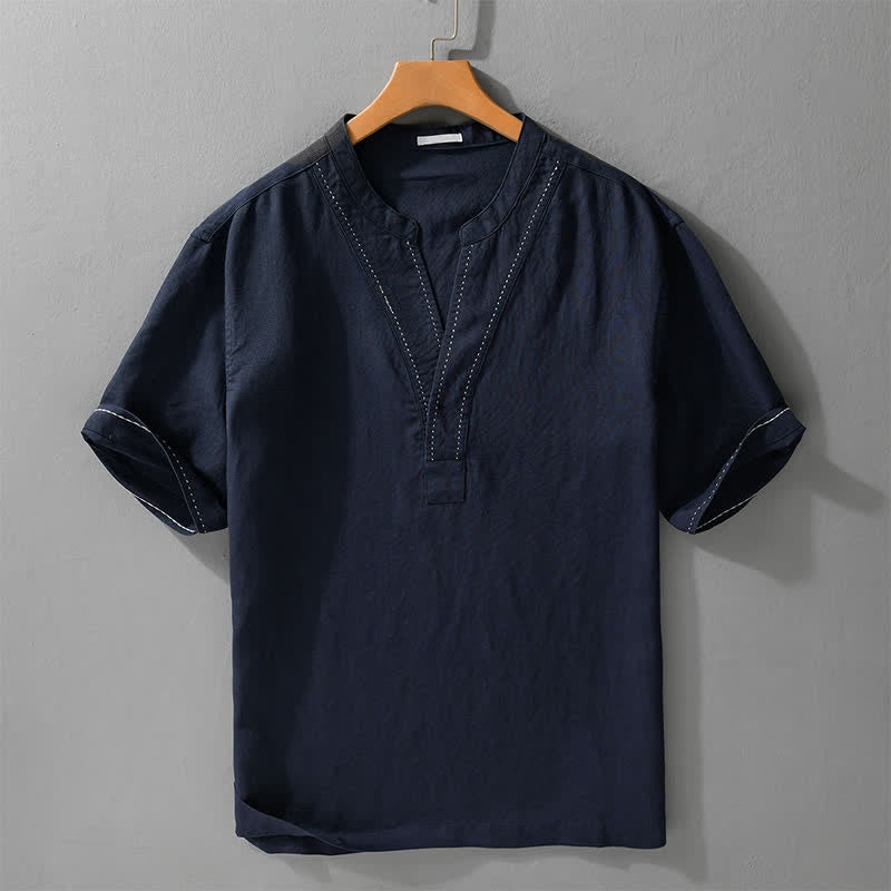 Buddha Stones Letnie, swobodne, męskie koszulki z krótkim rękawem i dekoltem w serek - MidnightBlue - US/UK/AU44， EU54 (3XL) - image 9