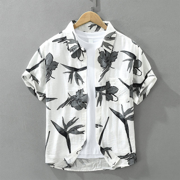 Buddha Stones Letnie, swobodne koszule męskie zapinane na guziki w kwiaty z kieszenią naszywaną - Biały - US/UK/AU42， EU52 (3XL) - image 0