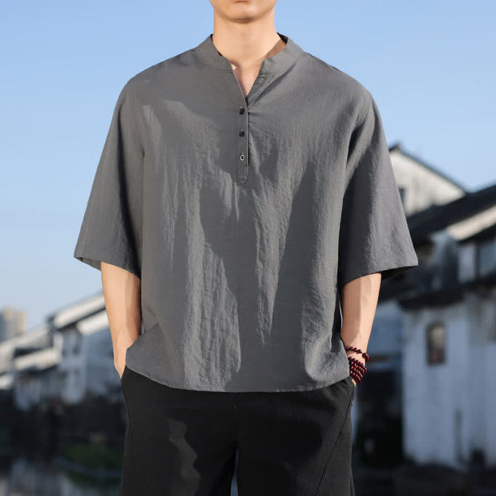 Buddha Stones Letnie koszule męskie z kołnierzykiem stójkowym i trzema guzikami, z rękawami do łokcia - Szary - US/UK/AU48， EU58(5XL) - image 17