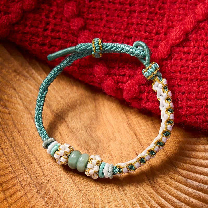 Buddha Stones Ręcznie pleciona, regulowana bransoletka z jadeitu z kwiatami brzoskwini, tkana metodą chińskiego wiązania - image 35
