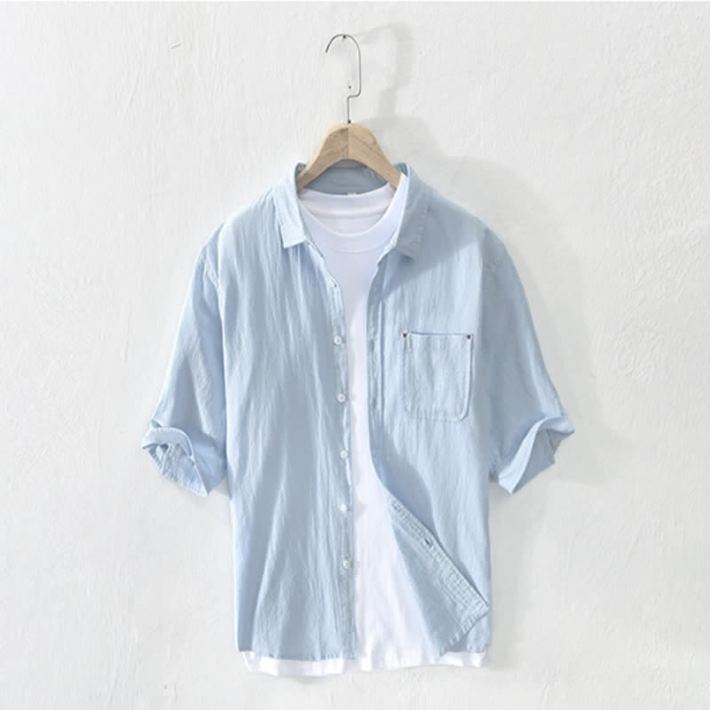 Buddha Stones Letnia, swobodna, minimalistyczna, męska koszula z krótkim rękawem i kieszenią, z solidnej bawełny i lnu - PowderBlue - US/UK/AU44， EU54 (3XL) - image 10
