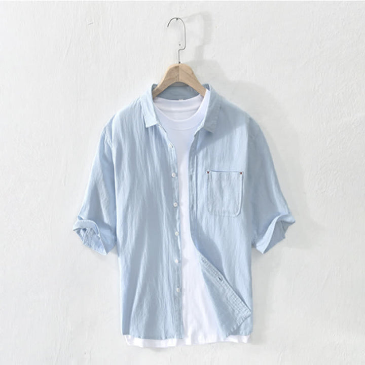 Buddha Stones Letnia, swobodna, minimalistyczna, męska koszula z krótkim rękawem i kieszenią, z solidnej bawełny i lnu - PowderBlue - US/UK/AU44， EU54 (3XL) - image 10