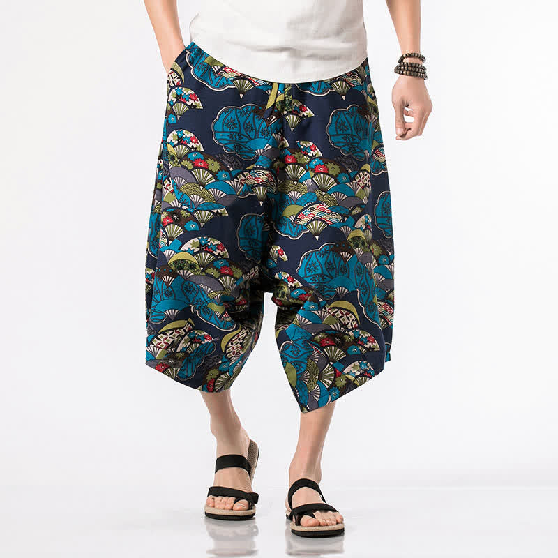 Buddha Stones Letnie, swobodne spodnie capri z bawełny i lnu w stylu boho, ściągane sznurkiem, z kwiatowym wzorem, męskie spodnie haremowe z kieszenią - image 1