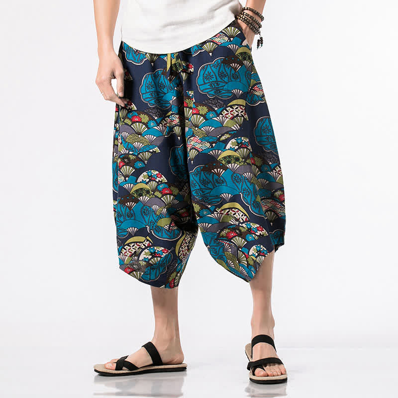Buddha Stones Letnie, swobodne spodnie capri z bawełny i lnu w stylu boho, ściągane sznurkiem, z kwiatowym wzorem, męskie spodnie haremowe z kieszenią - Niebieski - US/UK/AU48， EU58(5XL) - image 0