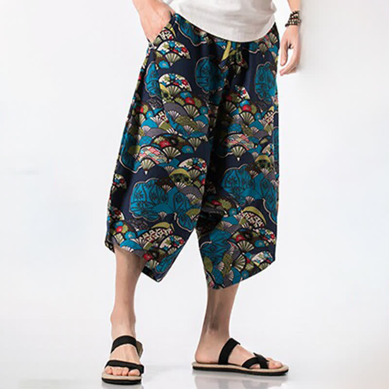 Buddha Stones Letnie, swobodne spodnie capri z bawełny i lnu w stylu boho, ściągane sznurkiem, z kwiatowym wzorem, męskie spodnie haremowe z kieszenią - image 2