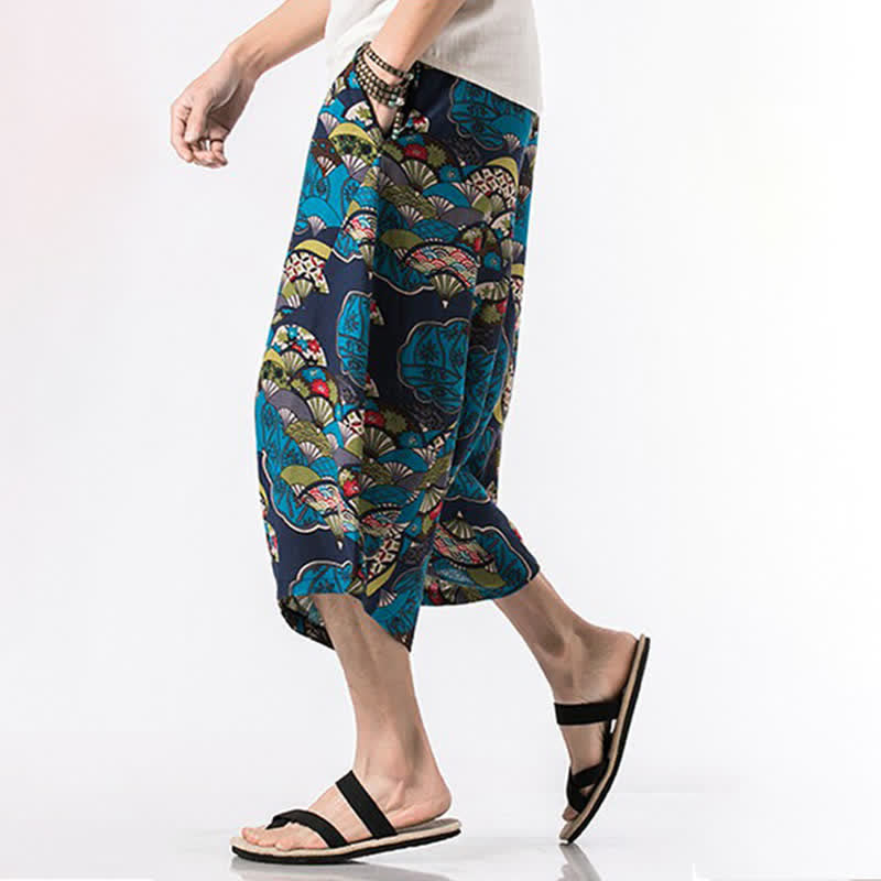 Buddha Stones Letnie, swobodne spodnie capri z bawełny i lnu w stylu boho, ściągane sznurkiem, z kwiatowym wzorem, męskie spodnie haremowe z kieszenią - image 5