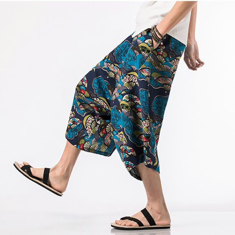 Buddha Stones Letnie, swobodne spodnie capri z bawełny i lnu w stylu boho, ściągane sznurkiem, z kwiatowym wzorem, męskie spodnie haremowe z kieszenią - image 4