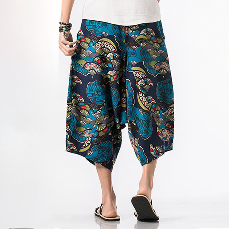 Buddha Stones Letnie, swobodne spodnie capri z bawełny i lnu w stylu boho, ściągane sznurkiem, z kwiatowym wzorem, męskie spodnie haremowe z kieszenią - image 6