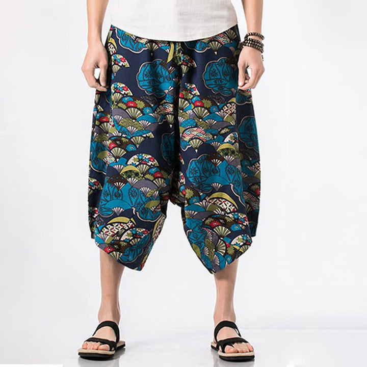 Buddha Stones Letnie, swobodne spodnie capri z bawełny i lnu w stylu boho, ściągane sznurkiem, z kwiatowym wzorem, męskie spodnie haremowe z kieszenią - image 3