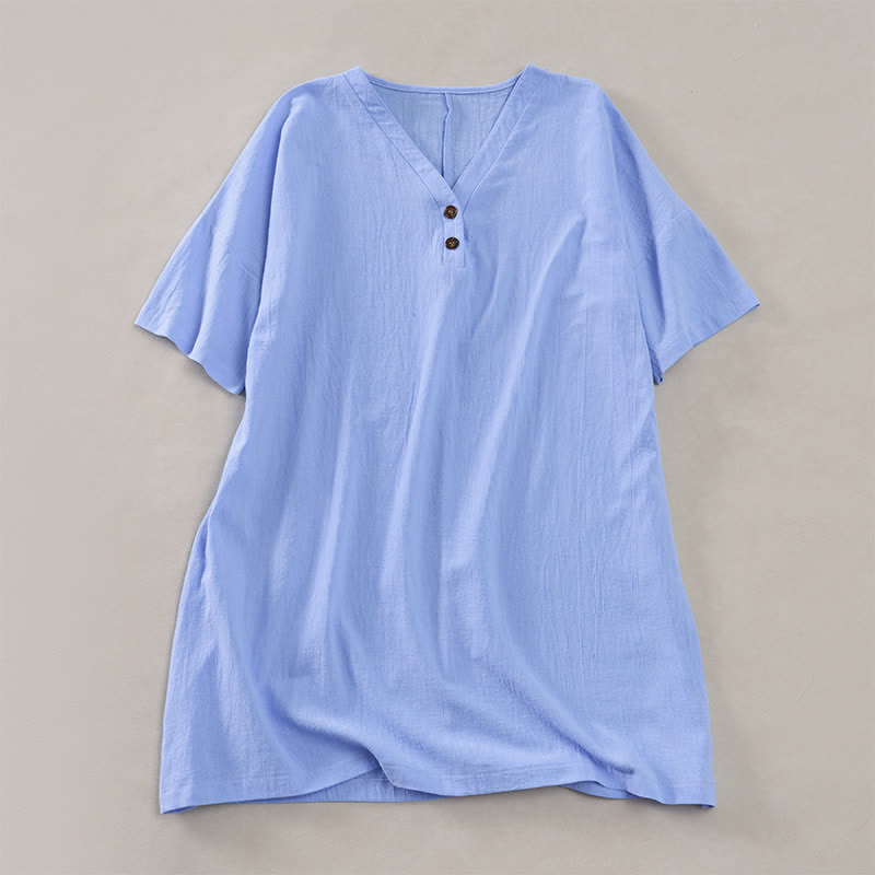 Buddha Stones Letnie, swobodne, minimalistyczne sukienki damskie z krótkim rękawem, zapinane na guziki - LightSkyBlue - US12, UK/AU16, EU44 (2XL) - image 14