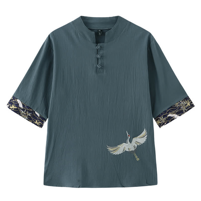 Buddha Stones Koszule męskie z krótkim rękawem w stylu vintage z żabą i guzikiem typu żuraw - CadetBlue - US/UK/AU46， EU56 (5XL) - image 0
