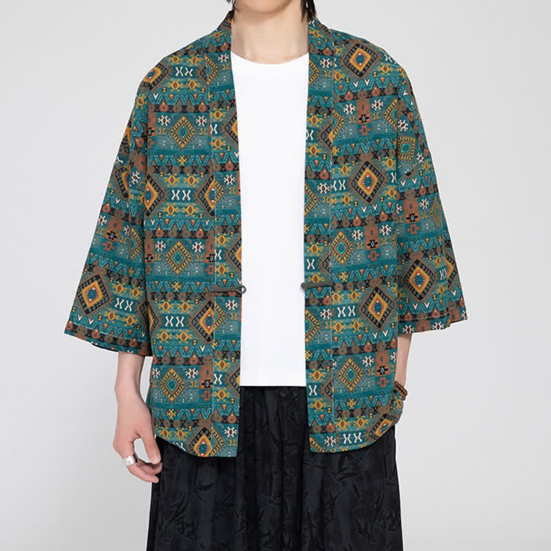 Buddha Stones Wiosenne letnie boho casualowe męskie kimona z kieszeniami naszywanymi i geometrycznymi wzorami - image 2
