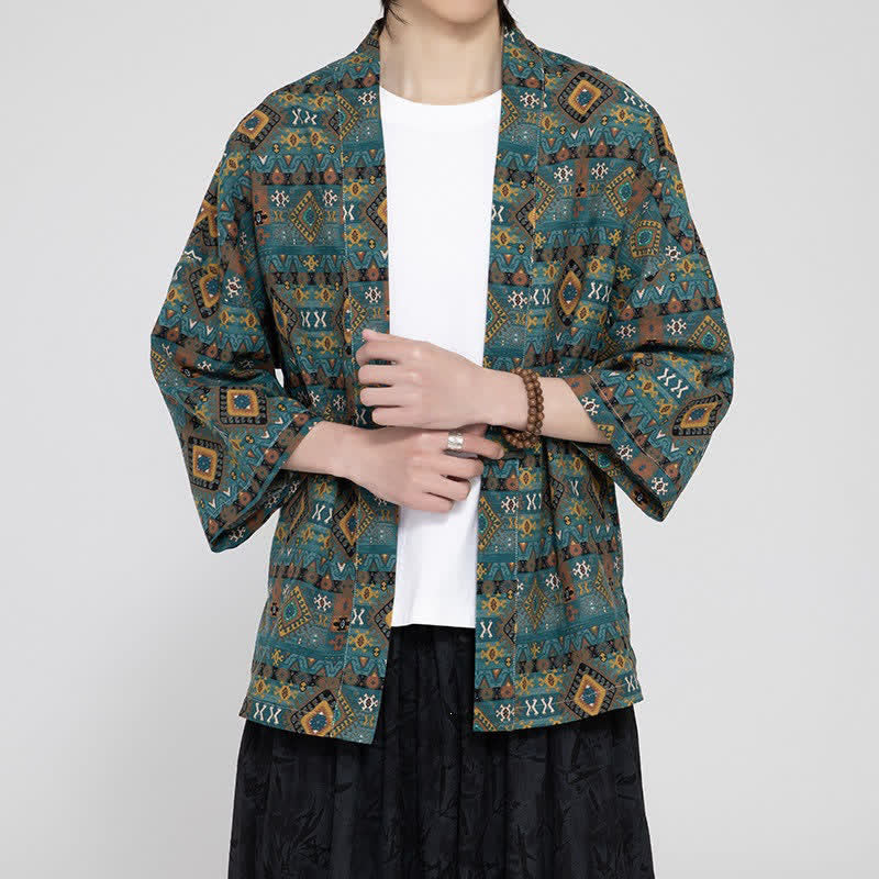 Buddha Stones Wiosenne letnie boho casualowe męskie kimona z kieszeniami naszywanymi i geometrycznymi wzorami - image 4