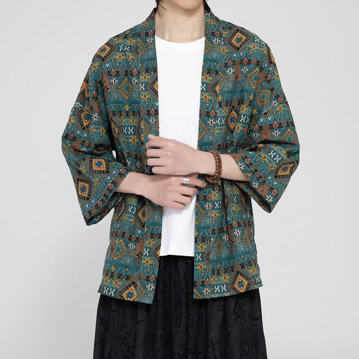 Buddha Stones Wiosenne letnie boho casualowe męskie kimona z kieszeniami naszywanymi i geometrycznymi wzorami - image 4