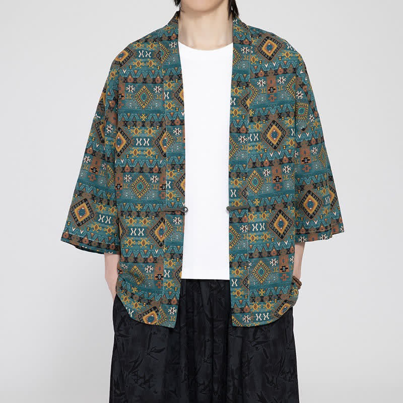 Buddha Stones Wiosenne letnie boho casualowe męskie kimona z kieszeniami naszywanymi i geometrycznymi wzorami - Cyraneczka - US/UK/AU46， EU56 (5XL) - image 0