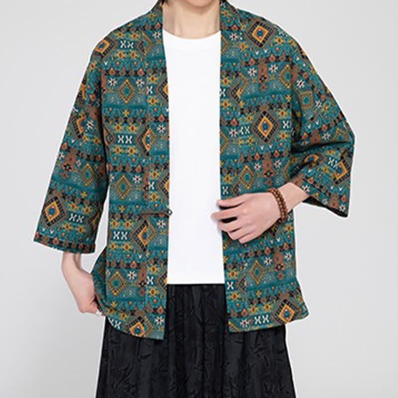 Buddha Stones Wiosenne letnie boho casualowe męskie kimona z kieszeniami naszywanymi i geometrycznymi wzorami - image 1