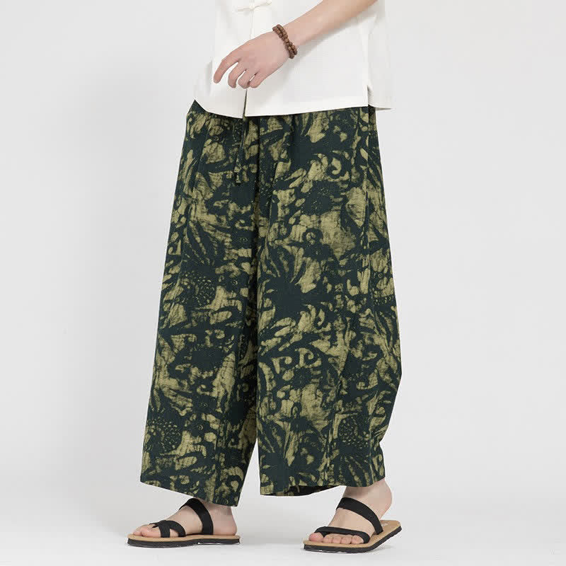 Buddha Stones Letnie, swobodne spodnie męskie w stylu boho, ściągane sznurkiem, abstrakcyjne, skrócone, proste, z kieszenią - DarkOliveGreen - US/UK/AU48， EU58(5XL) - image 0