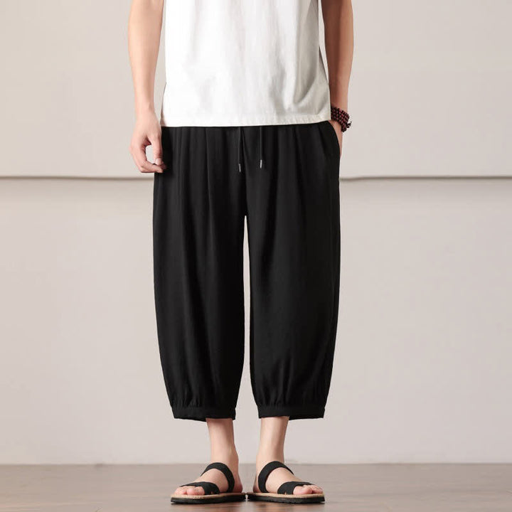 Buddha Stones Letnie, swobodne, minimalistyczne spodnie capri z ściągaczem, męskie, haremowe, z kieszenią - Czarny - US/UK/AU46， EU56 (5XL) - image 19