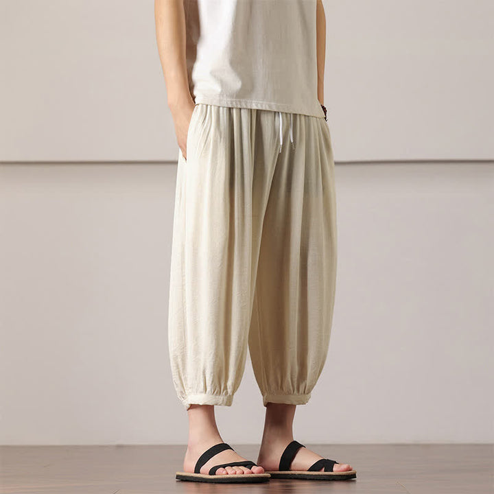 Buddha Stones Letnie, swobodne, minimalistyczne spodnie capri z ściągaczem, męskie, haremowe, z kieszenią - image 16