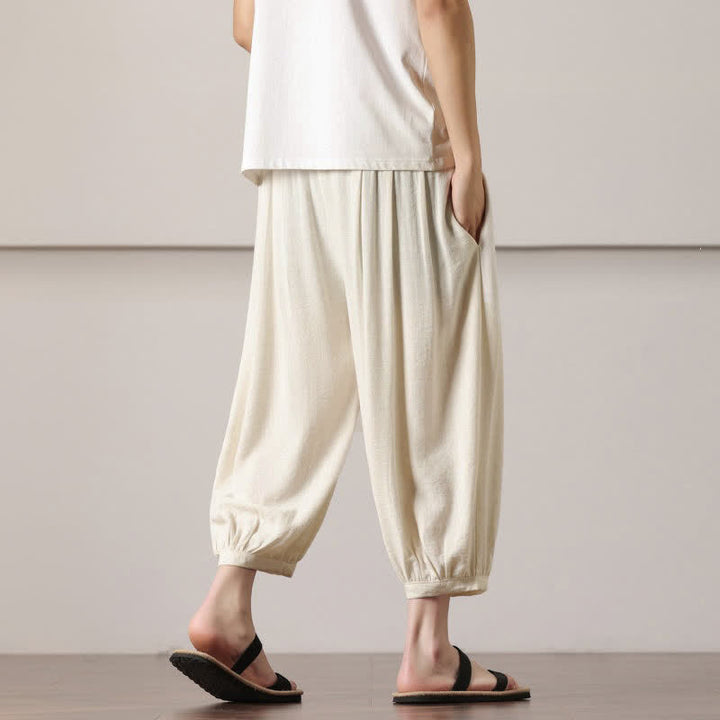 Buddha Stones Letnie, swobodne, minimalistyczne spodnie capri z ściągaczem, męskie, haremowe, z kieszenią - image 18
