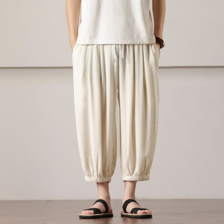 Buddha Stones Letnie, swobodne, minimalistyczne spodnie capri z ściągaczem, męskie, haremowe, z kieszenią - AntiqueWhite - US/UK/AU46， EU56 (5XL) - image 8