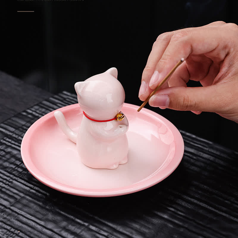 Buddha Stones Ceramiczny kadzielnik w kształcie kota Kawaii z tacką na popiół bez kadzidła - image 3