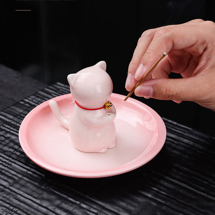 Buddha Stones Ceramiczny kadzielnik w kształcie kota Kawaii z tacką na popiół bez kadzidła - image 3