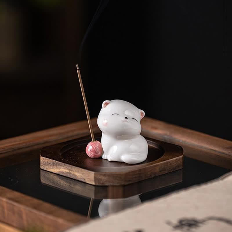 Buddha Stones Minimalistyczny biały ceramiczny kadzielnica w kształcie kota z pomponem bez kadzidła - image 3