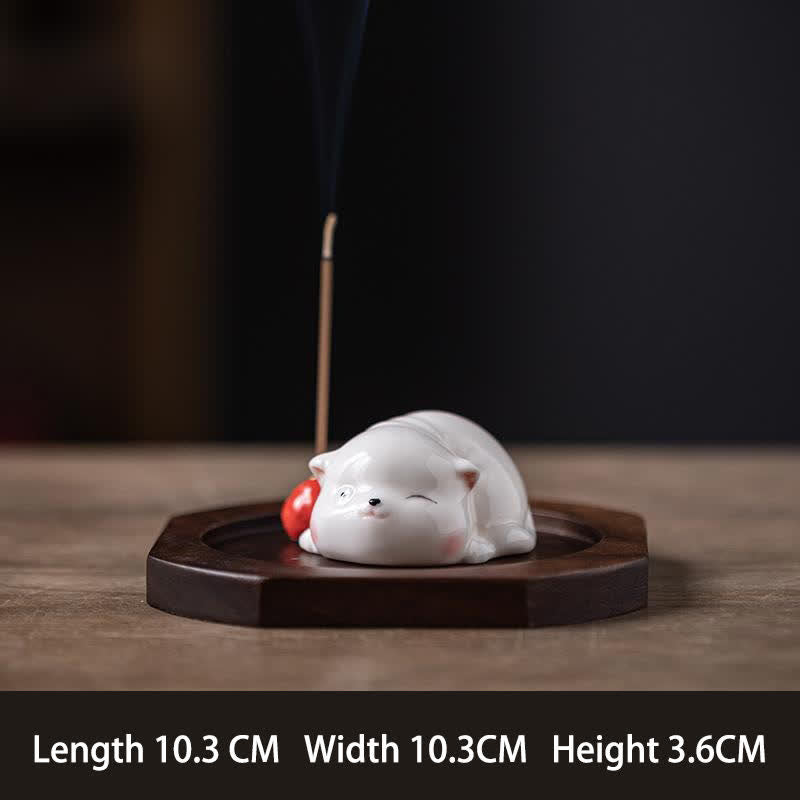 Buddha Stones Minimalistyczny biały ceramiczny kadzielnica w kształcie kota z pomponem bez kadzidła - Czerwony z podstawą - image 17