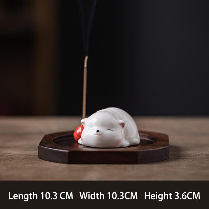 Buddha Stones Minimalistyczny biały ceramiczny kadzielnica w kształcie kota z pomponem bez kadzidła - Czerwony z podstawą - image 17