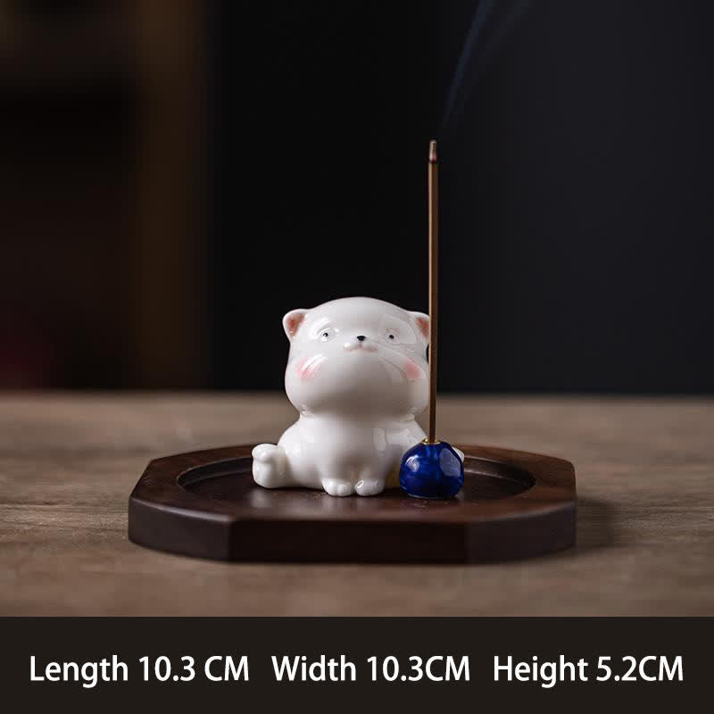 Buddha Stones Minimalistyczny biały ceramiczny kadzielnica w kształcie kota z pomponem bez kadzidła - Niebieski z podstawą - image 13