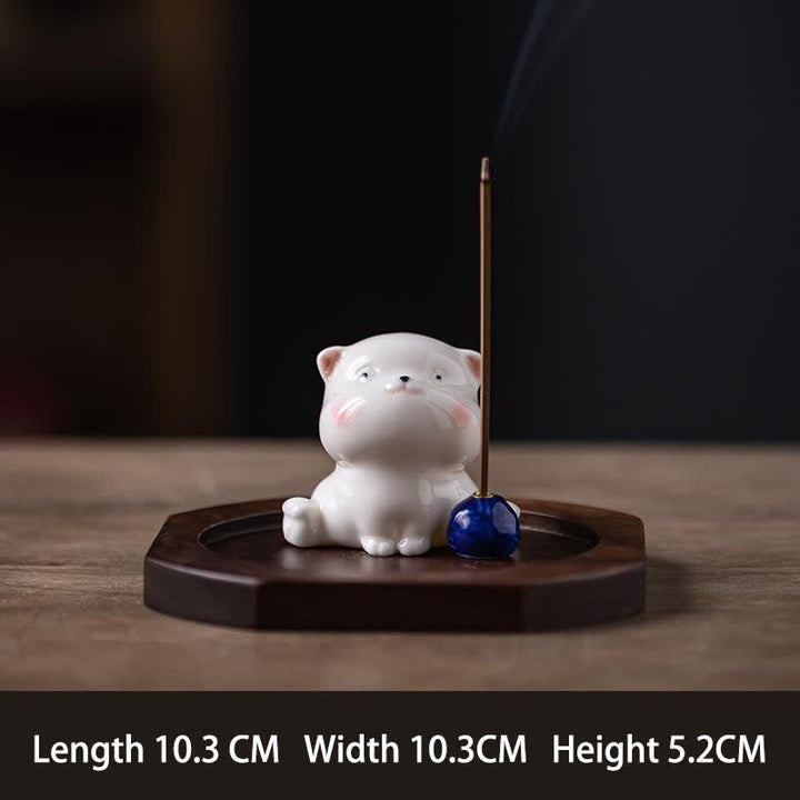 Buddha Stones Minimalistyczny biały ceramiczny kadzielnica w kształcie kota z pomponem bez kadzidła - Niebieski z podstawą - image 13