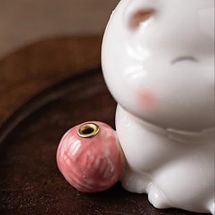 Buddha Stones Minimalistyczny biały ceramiczny kadzielnica w kształcie kota z pomponem bez kadzidła - image 12