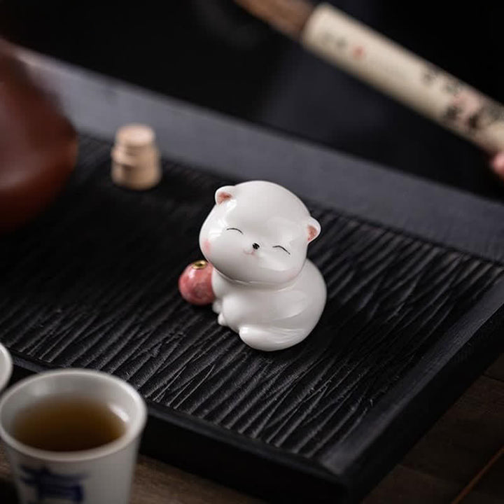 Buddha Stones Minimalistyczny biały ceramiczny kadzielnica w kształcie kota z pomponem bez kadzidła - image 7