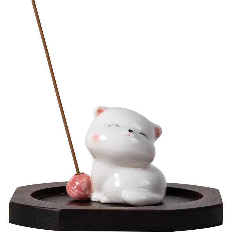 Buddha Stones Minimalistyczny biały ceramiczny kadzielnica w kształcie kota z pomponem bez kadzidła - image 6