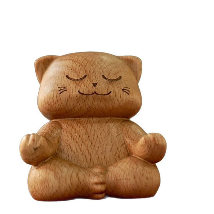 Buddha Stones Drewniany medytujący kot oświecający ręcznie rzeźbiony uroczy zwierzęcy wystrój - image 7